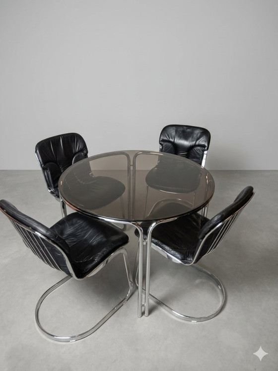 Image 1 of Vintage design eettafel - chroom & rookglas