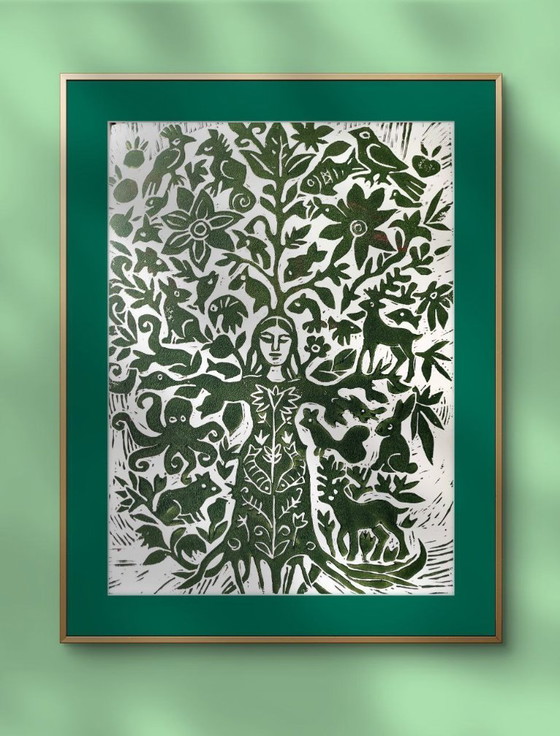 Image 1 of Linosnede van een boomvrouw: Botanische natuurkunst, A3, gelimiteerde oplage.