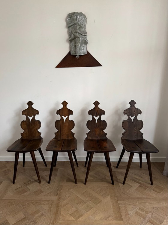Image 1 of Set Of 4 Vintage Brutalist Tyrolean Chairs (1950s–60s, Solid Oak)