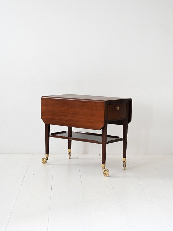 Image 1 of Carrello vintage scandinavo in mogano degli anni '40 con dettagli in ottone