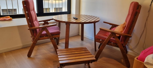 Fischer Möbel Garden Set Comprising Two Chairs, Round Table and a Footstool
