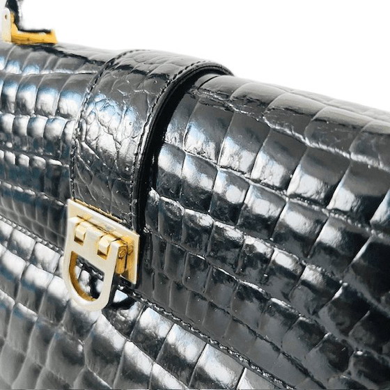 Image 1 of Sac à main vintage Vimar Paris en cuir verni noir imprimé crocodile, années 1960