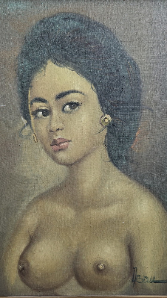 Coppia di 2 Dipinti Indonesiani Vintage Anni '70 – Cornice in Juta / Stile Tretchikoff – Dipinti e disegni (photo 13 of 15)