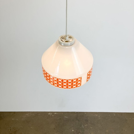 Image 1 of pendant lamp, opal glass with orange pattern, GDR of the 1970s