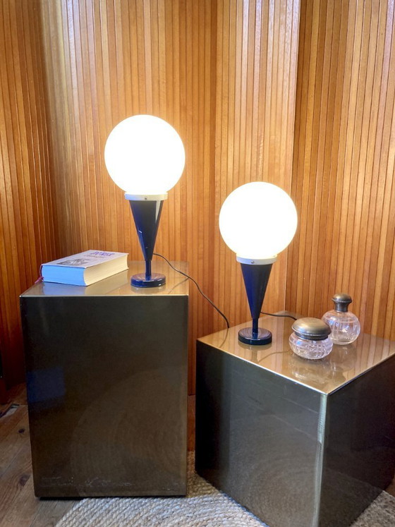 Image 1 of Pair of table lamps, blue metal bases and opaline globes, 1970s-80s