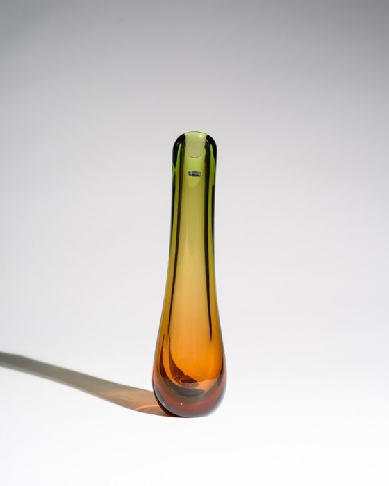 Image 1 of WMF Glass Vase Trio by Erich Jachmann – Sculptural Gradient Forms in Green & Amber, Germany, 1950s