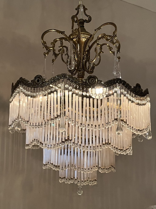 Vintage Bronze Art Nouveau Chandelier Opal Rods and Teardrop Pebbles – kroonluchters, Crystal