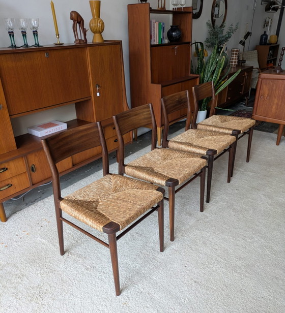 Image 1 of Set vintage di 4 sedie da pranzo in teak e corda di carta, Georg Leowald per Wilkhahn, modello 351