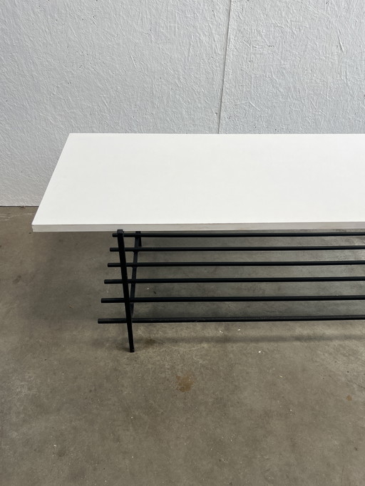 Vintage Coffee Table, White Wooden Top On Black Steel Frame. 1970's