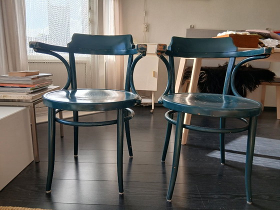Zwei Thonet Stühle., Esszimmerstühle, Holz, Grün (Foto 2 von 17)