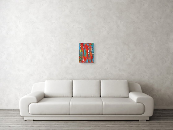 Image 1 of Abstract Red, Orange and Blue original painting on stretched canvas