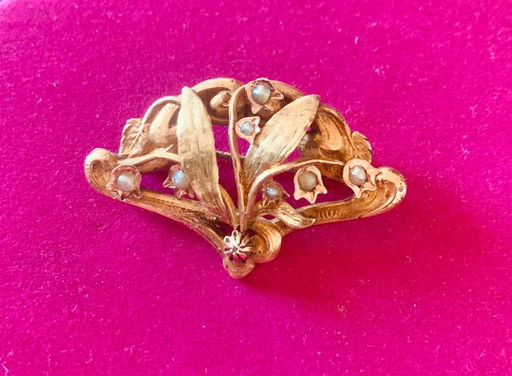 Broche Art Nouveau vers 1900 – Or « Titre Unique » – décor végétal aux perles fines – cadeaus, Metal, Other