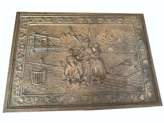 Messing-Aufbewahrungstruhe mit Relief holländischer Szenen, Aufbewahrungsschrank, Holz, Gold, Vintage (Foto 5 von 13)