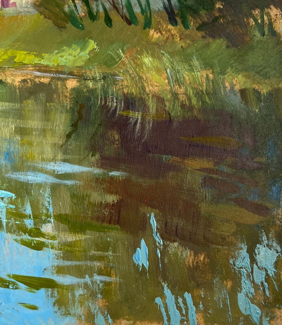 Image 1 of Original Oil Painting Summer River Landscape A quiet ferryman in the village