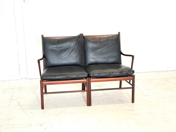 Divano a due posti in legno e pelle nera, Poul Jeppesens Møbelfabrik, Divani 2 posti, Nero, Mid Century Modern (foto 2 di 14)