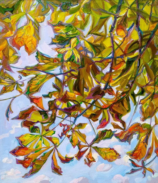 Original Ölgemälde Natur Baum Kastanienblätter Herbst Kaleidoskop