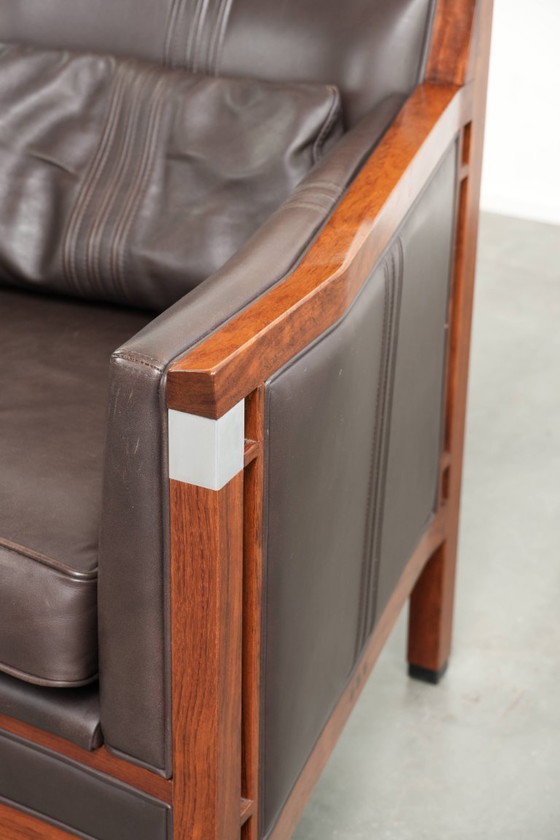 Image 1 of Luxe Schuitema Art Deco design set bestaande uit een fauteuil en hocker uit de Decoforma serie in chocolade bruin rundleer
