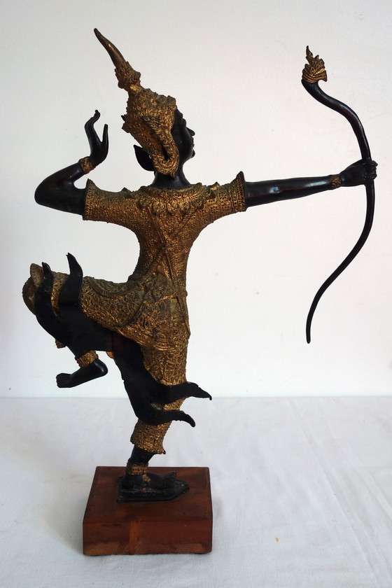 Image 1 of Gilded bronze and black statuette of Prince Rama, Thailand