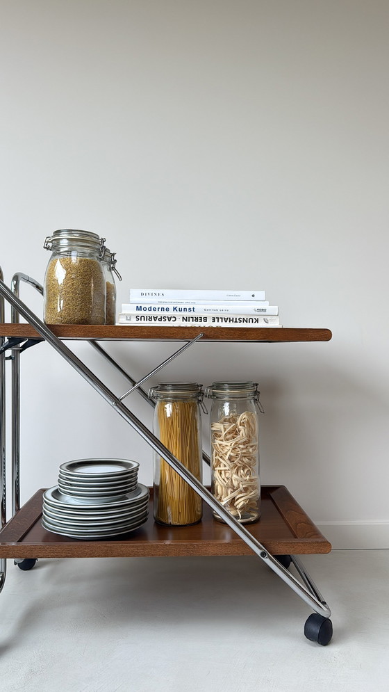 Image 1 of Vintage Mid Century stijl trolley / serveerwagen van chroom en hout