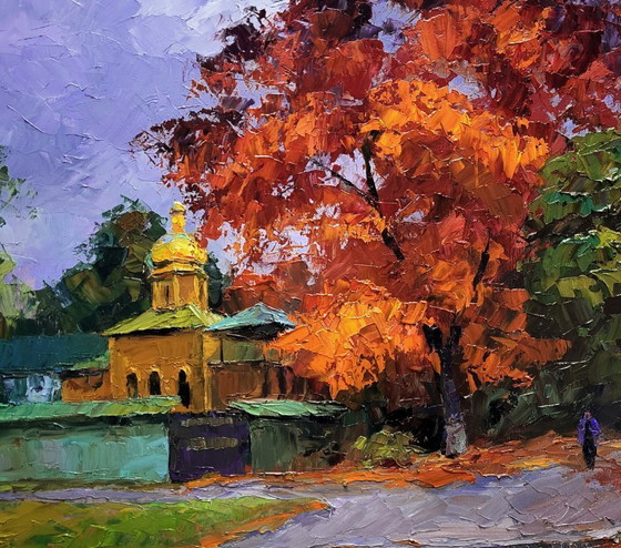 Image 1 of Original Oil Painting Cityscape Autumn Church October in the City