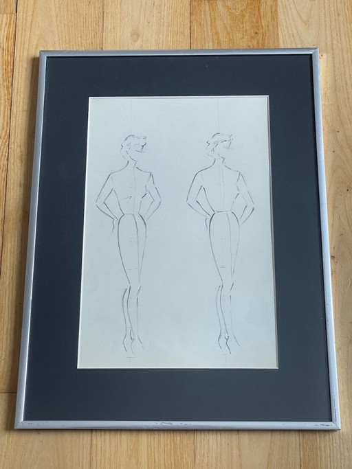 Vintage, gesigneerde, ingelijste potloodschetsen van Berthe Duquaine, 1951