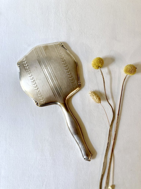 Image 1 of Art-Deco-Handspiegel aus versilbertem Metall und abgeschrägtem Glas – Um 1930