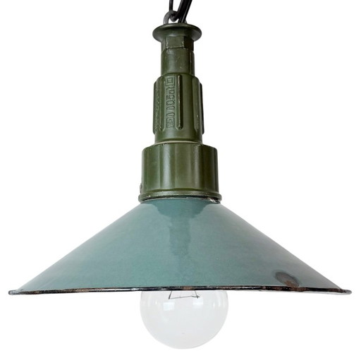 Lampada a sospensione militare industriale smaltata color petrolio con parte superiore in alluminio fuso, anni '60