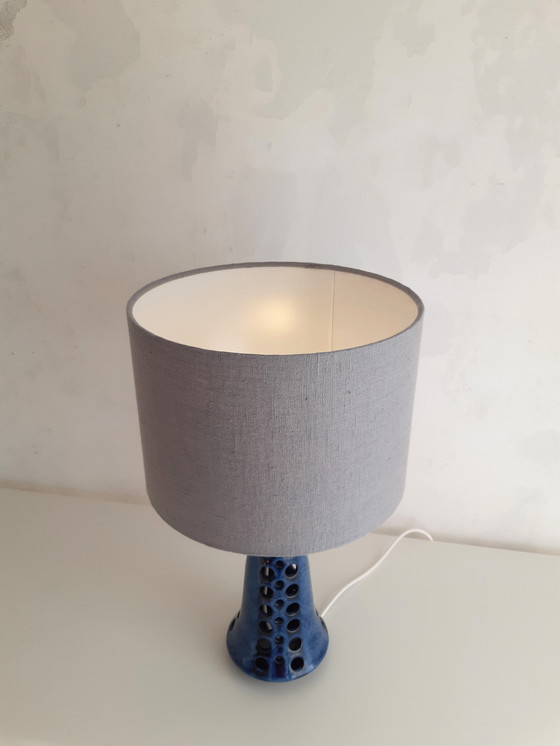 Image 1 of Beautiful Table Lamp With Blue Vintage Lamp Base By Michael Andersen, Scandinavian Design And Handmade Gray Blue Lampshade