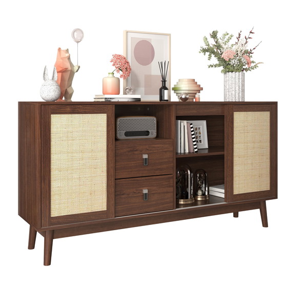 Image 1 of Urban Meuble sideboard in walnut look with 3 sliding rattan doors and 2 drawers 155x38x80cm USOH WALNUT