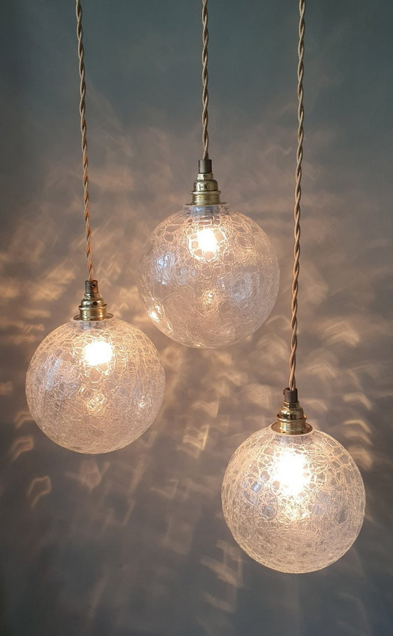 Set (3) Vintage Crackle Glass Sfera / Lampade a sospensione - Midcentury – Metal (photo 3 of 21)