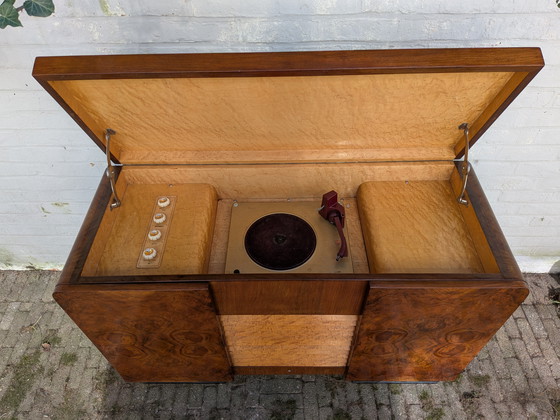 Image 1 of Exquisite 1940s Art Deco Burr Walnut Cabinet – Versatile Drinks/Media Unit
