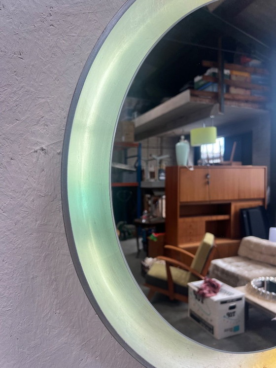 Image 1 of Vintage Round Wooden Wall Mirror With Lighting, Xl, 1970's