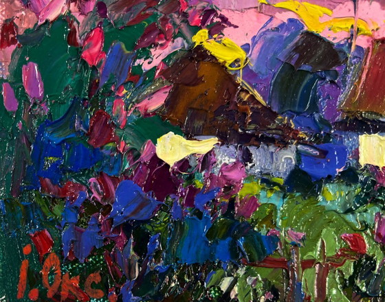 Image 1 of Original Oil Painting Evening Village Landscape The beam fades leaving the world
