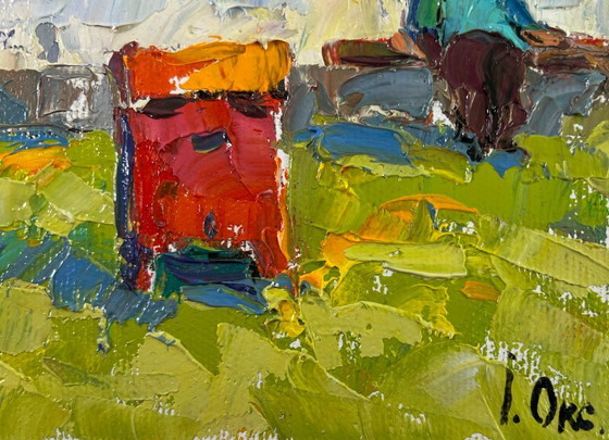 Image 1 of Original Oil Painting Spring House Landscape Backyard moments