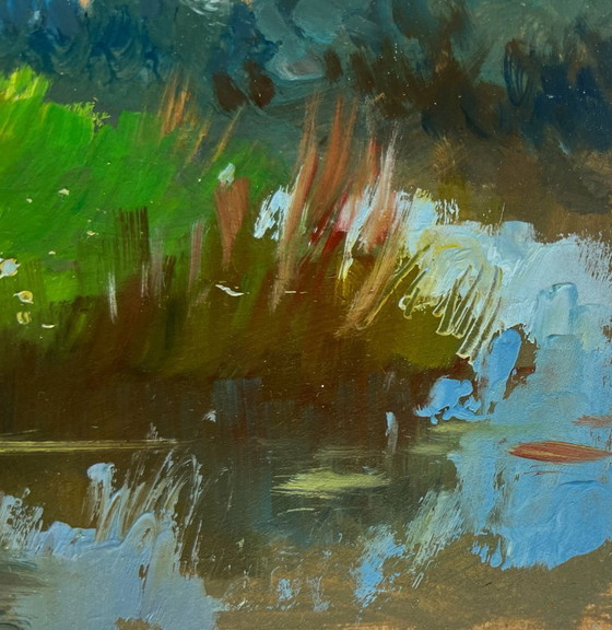 Image 1 of Original Oil Painting Summer House Landscape A lonely house by the river