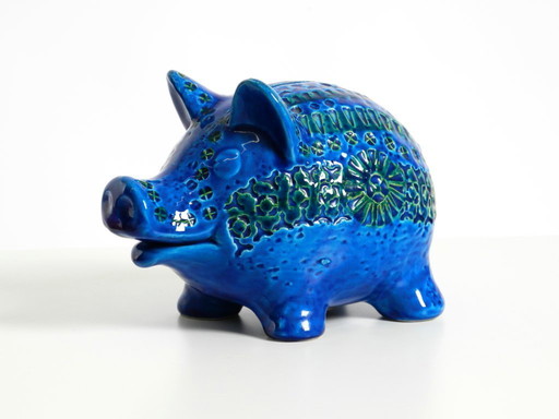 Beautiful 1960s large Rimini Blu ceramic pig money box by Aldo Londi for Bitossi Italy