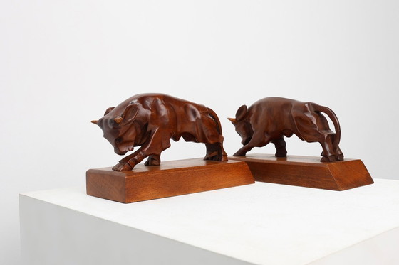 Image 1 of Coppia di fermalibri Art Déco in quercia a forma di toro, Francia, anni '30