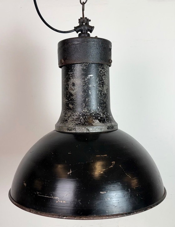 Image 1 of Large Industrial Factory Black Pendant Lamp with Cast Iron Top, 1950s