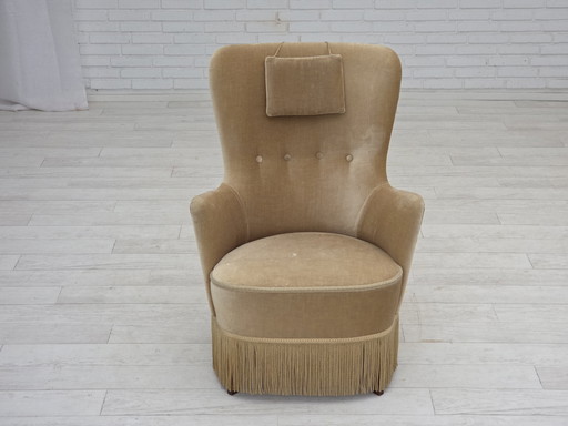 Fauteuil danois des années 1960 en velours d'ameublement vert/brun, état d'origine