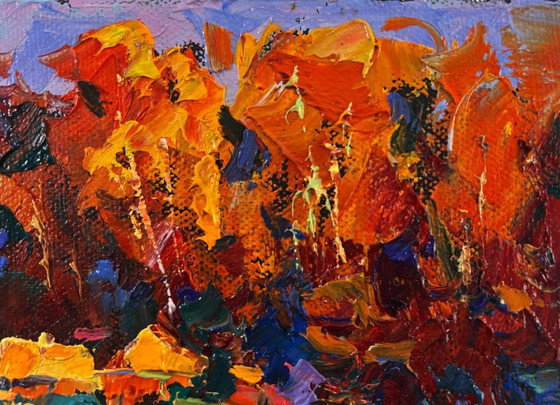 Image 1 of Original Oil Painting Autumn Forest Landscape Fires ignite darkness and silence