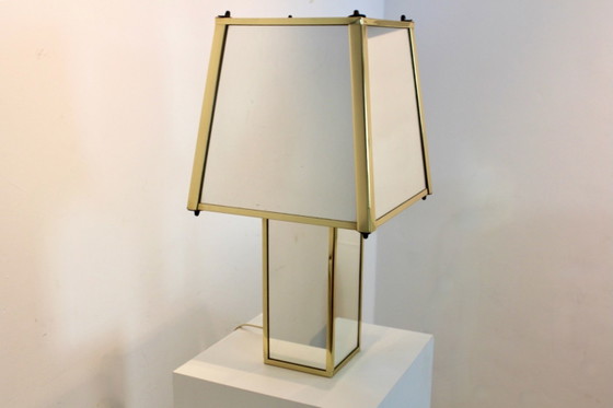 Lampada da tavolo geometrica in ottone e specchio, Belgio, anni '70, Lampade da tavolo, Hollywood Regency (foto 10 di 11)