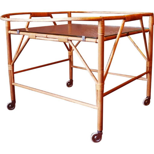 Chariot de service vintage en bambou et verre dépoli, 1960