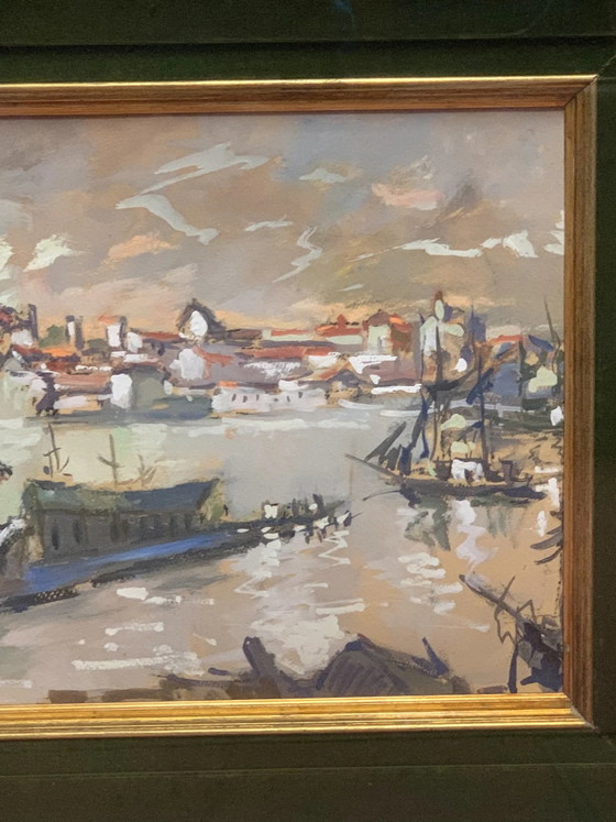 Peinture à l'huile Paysage au coucher du soleil sur toile par Ok, années 1950, Peintures et dessins (photo 3 sur 5)