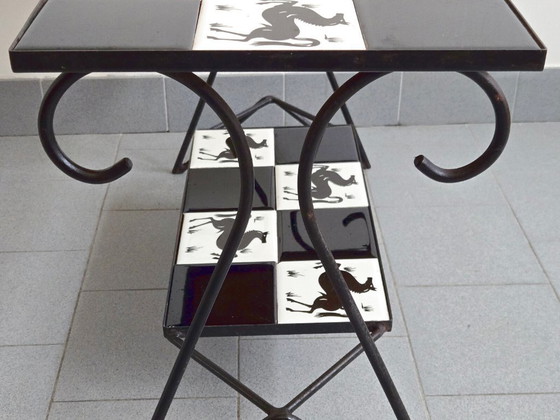 Image 1 of Vintage keramische bijzettafel uit de jaren 50 met paardenmotief, in rockabillystijl uit de jaren 50.