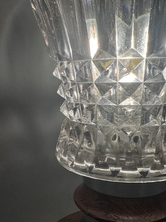 Image 1 of Mid-Century Table Lamp with Cut Glass Shade and Wooden Base – Vintage Design Lighting