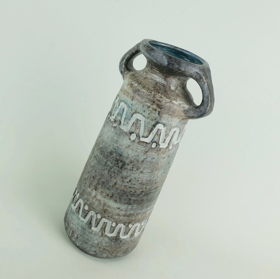 Image 1 of double handled east german mid century ceramic vase heissner keramik model V/32 relief pattern gray and blue