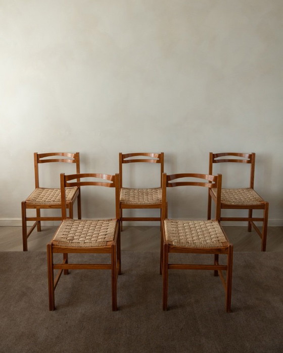 Image 1 of Vintage Italian Rustic Modern Dining Chairs by Snaidero, 1970s, Set of 5