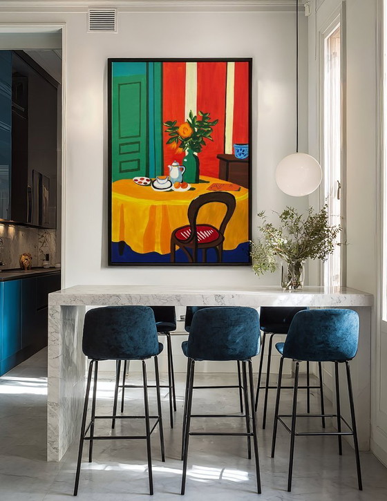 Image 1 of Pintura acrílica del artista E. García "El mantel amarillo" 100x70 cm