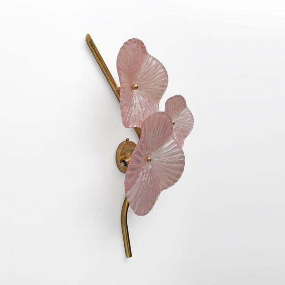 Image 1 of Pair of Modern Murano Artistic Glass Pearly Pink and Brass Sconces