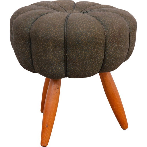 Pouf vintage Art Déco en bois de hêtre et tissu, Tchécoslovaquie 1940